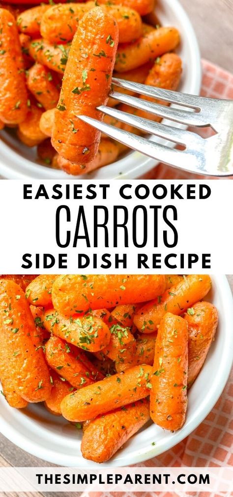 Make this easy (and healthy) side dish to pair with any meal! You can make these roasted carrots fast in the oven. They're savory but can be turned into a sweet recipe easily with brown sugar. Learn how to cook them in the microwave too! You'll want to learn this side dish staple recipe for buttery, glazed carrots! #sidedish #carrots #easyrecipes #vegetables Cooked Carrots Recipe, Baby Carrots Side Dish, Baked Carrots Recipe, Carrots Recipe Healthy, Cooked Baby Carrots, Carrot Recipes Side Dishes, Carrot Dishes, Carrots Healthy, Oven Roasted Carrots