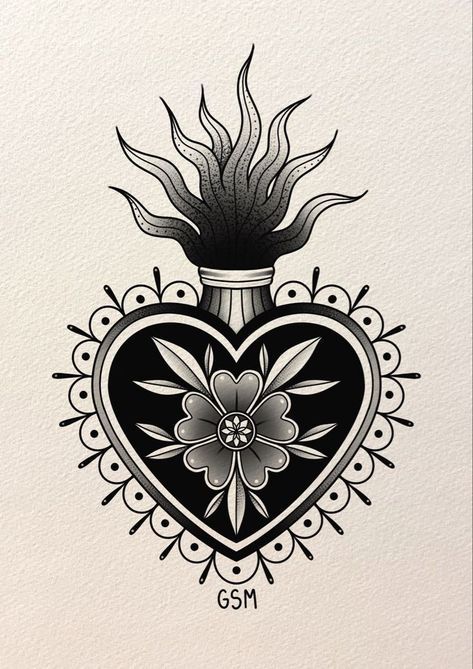 Tradition Heart Tattoo, Retro Heart Tattoo, American Trad Sacred Heart, Sacred Heart Art Tattoo, Sacred Heart With Flowers, Traditional Style Heart Tattoo, Mexican Flash Tattoo, Traditional Sacred Heart Tattoo Design, Mexican Sacred Heart Tattoo