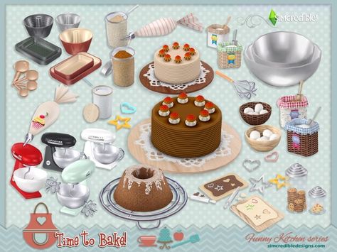 sims 4 cc // custom content clutter decor // the sims resource // SIMcredible!'s Funny kitchen series - Time to bake The Sims 4 Cc Food Decor, Sims 4 Baking Cc, Sims 4 Cc Kitchen Set, Clutter Decor, The Sims 4 Pack, The Sims 4 Bebes, Los Sims 4 Mods, Sims 4 Kitchen, Die Sims 4