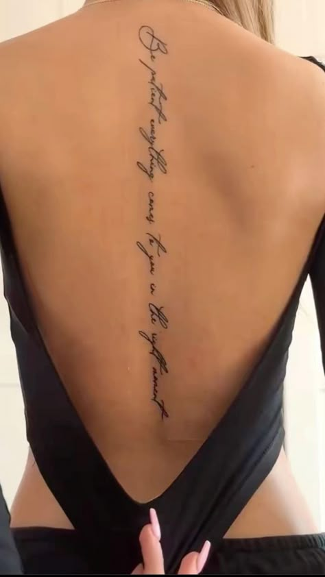 Spine Tattoos Text, Back Tattoo Women Spine Words, Text Back Tattoo Women, Long Spine Tattoo Quotes, Spine Tattoo Words And Flower, Written Back Tattoos, Red Spinal Tattoo Women, Fine Line Full Back Tattoo, Side Body Tattoos For Women Ribs Words