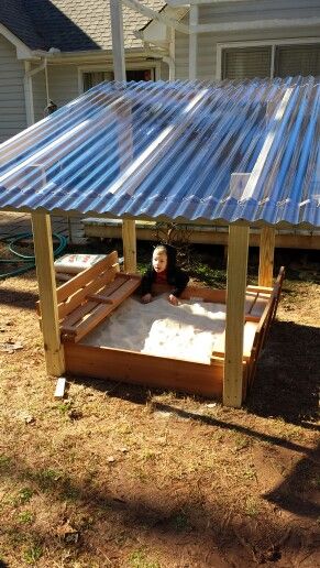 Son's sandbox with roof Sandbox Cover Diy, Sandbox With Roof, Diy Sandbox With Lid, Diy Sandbox With Cover Easy, Wooden Sand Box With Cover, Diy Covered Sandbox Kids, Large Sandbox With Cover, Wooden Sandbox, Diy Sandbox