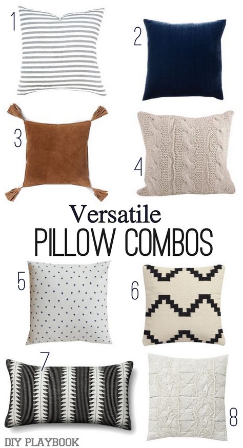 A neutral grouping of pillows to add some major style to a gray couch. Love the black, cognac, white, and gray look all together. Come read our tips to choose the perfect throw pillows for your couch. Couch Grau, Gray Couch, Industri Modern, Beige Couch, Grey Couch Living Room, Pillow Combos, Brown Couch, Grey Couches, تصميم للمنزل العصري