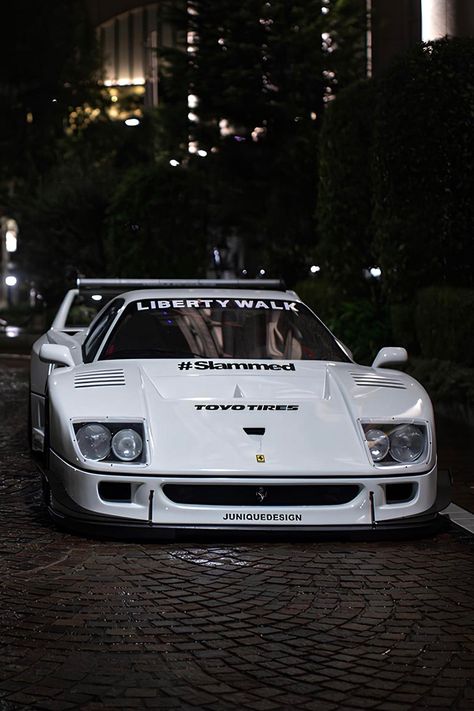 Liberty Walk Ferrari F40 Engine: 2.9L V8 Twin Turbo Power: 356 kW / 484 hp Torque: 576 Nm / 425 lb-ft Weight: 1,320 kg / 2,910 lbs 0-100 kph: 3.9 seconds Top Speed: 324 kph / 201 mph Liberty Walk F40 Wallpaper, F40 Liberty Walk, Liberty Walk Cars, Truck Wallpaper, Luxury Wallpapers, Auto Design, Liberty Walk, Car Wallpaper, Ferrari F40