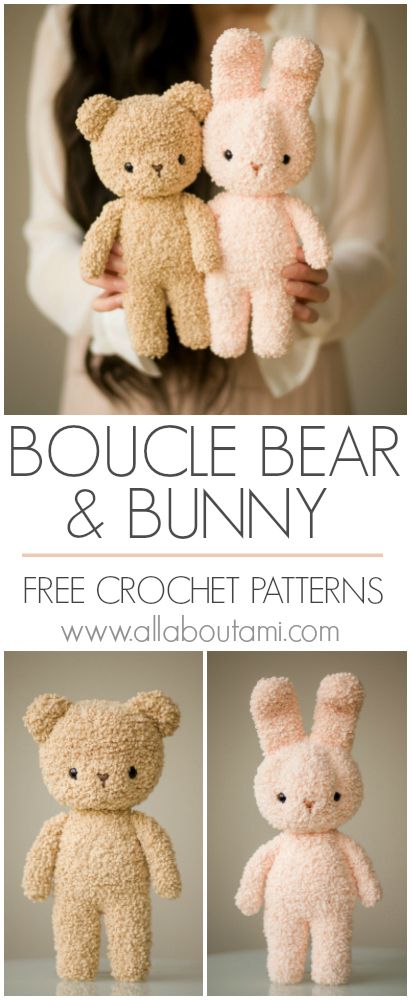 Crochet your own adorable classic teddy bear and bunny using special boucle yarn! These sweet stuffies are so soft and cuddly and will make perfect gifts for you and your loved ones! Free pattern and step-by-step tutorial available! Toys Quotes, Teddy Bear Patterns Free, Bear Patterns Free, Crochet Bear Patterns, Crochet Teddy Bear Pattern, Crochet Bunny Pattern, Pola Amigurumi, Bunny Crochet, Crochet Teddy Bear