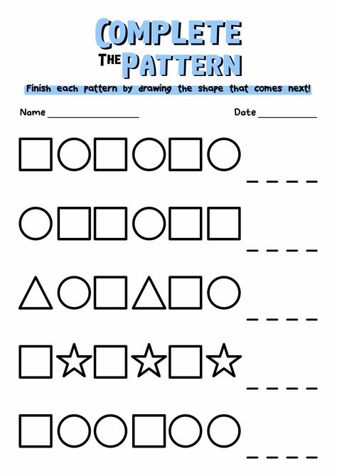 Shapes Worksheets for Preschoolers

Help your preschooler learn their shapes with these fun and engaging worksheets! Shapes are an important part of early childhood development, and these worksheets will help your child build a strong foundation in Patterns Kindergarten Worksheets, Maths Patterns Worksheets, Patterns Worksheets For Kindergarten, Shapes Activities Preschool Worksheets, Shape Pattern Worksheet, Patterns Worksheets For Preschool, Maths Worksheets For Kindergarten, Complete The Pattern Worksheet, Pattern Worksheets For Preschool