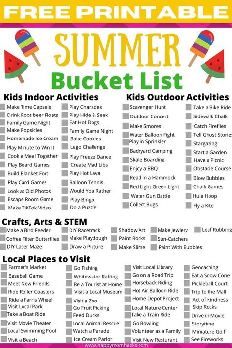 List Of Summer Activities For Kids, Summer Learning For Kids Kindergarten, Fun Things To Do With Kids Over The Summer, Summer Activities For Bored Kids, Start Of Summer Activities For Kids, Family Summer Activities Ideas, Summer Family Activities Things To Do, Summer With Kids Things To Do, Summer Bucket List Activity For Kids