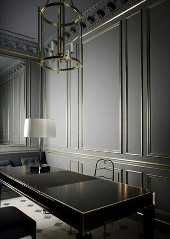 Make rectangular panels using small mouldings | 10 Ways To Add Architectural Interest To a Boring Room Real Estat, Elegant Dining Room, Gold Interior, Wall Molding, Decoration Inspiration, Decor Minimalist, Living Room Grey, Elegant Dining, Classic Interior