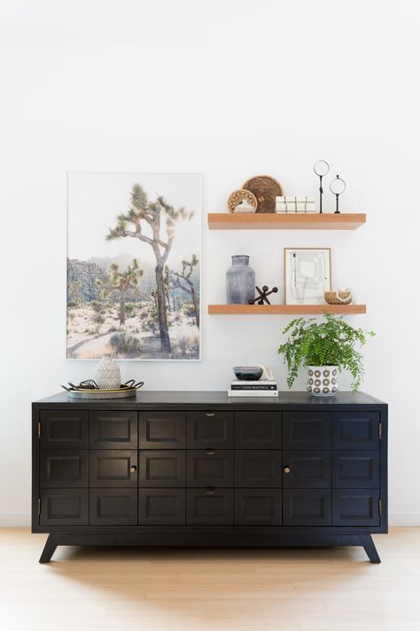 Shelf Styling 101 Dining Room Navy, Sideboard Styles, Sideboard Dining Room, Sideboard Decor, Living Room Reveal, Dining Room Sideboard, Sideboards Living Room, Room Shelves, California Casual