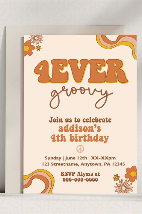 4ever groovy, birthday party theme for a girl's 4th birthday party Groovy Theme, Fourth Birthday Party, Fourth Birthday, Birthday Party Invitation, Editable Template, Big Day, Instant Download, Birthday Party, Birthday