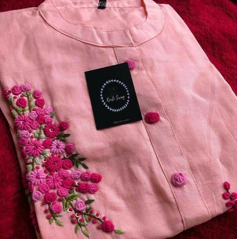 Hand Embroidery Kurti Designs Latest, Kurti Hand Work Designs Latest, Embroidery Portfolio, Ikkat Kurtis, Bullion Rose, Embroidered Kurtis, Embroidered Suits, Kurti Embroidery, Simple Hand Embroidery Patterns