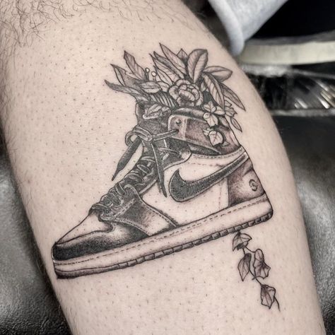 Niko Bianco on Instagram: “Fragment 1s w/ some plants in it 🌱  . . . #fragment1s #jordan1 #jordans #sneakertattoo #sneakerhead #hype #hypebeast #supreme #fairfax…” Shoes Tattoo, Nike Tattoo, Jordan Tattoo, Hanya Tattoo, Shoe Tattoos, Japanese Flower Tattoo, Nerd Tattoo, Bestie Tattoo, Gangsta Tattoos