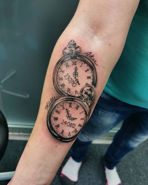 225+ Clock Tattoos Ideas and Designs (2023) - TattoosBoyGirl Mens Pocket Watch Tattoo, Two Pocket Watch Tattoo, Time Piece Tattoo For Men, 2 Clock Tattoo Design, Pocket Watch Tattoo For Men, Clock Tattoos For Women Kids, Men Clock Tattoo Ideas, Pocket Watch Tattoos For Women, Watch Tattoos For Women