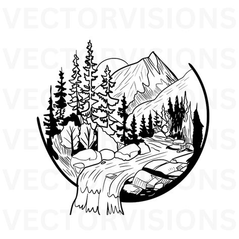 Waterfall Tattoo, Mountain Community, Forest Svg, Nature Svg, Trees Svg, Mountain Trees, Mountain Svg, Mountain Waterfall, Fishing Shop