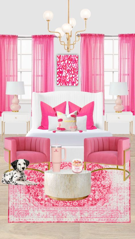 preppy hot pink room inspo!! 💋 #preppy #roominspo #hotpink #preppyroom #pink Pink Glam Bedroom, Room Inspo Preppy, Hot Pink Room Decor, Hot Pink Bedding, Hot Pink Room, Hot Pink Bedrooms, Hot Pink Throw Pillows, Small Room Makeover, Shuffles Preppy