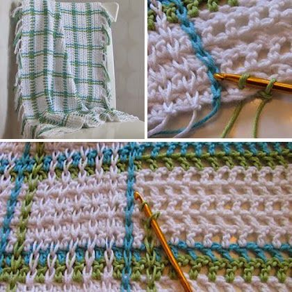 Crochet For Children: Woven Babyblanket on Mesh Ground (Free Pattern) Woven Crochet Blanket, Crochet Plaid Stitch, Crochet Tartan Blanket Pattern Free, Crochet Mesh Blanket, Crochet Gingham Blanket, Pola Jaring, Woven Crochet, Crocheted Blanket, Crochet Afgans