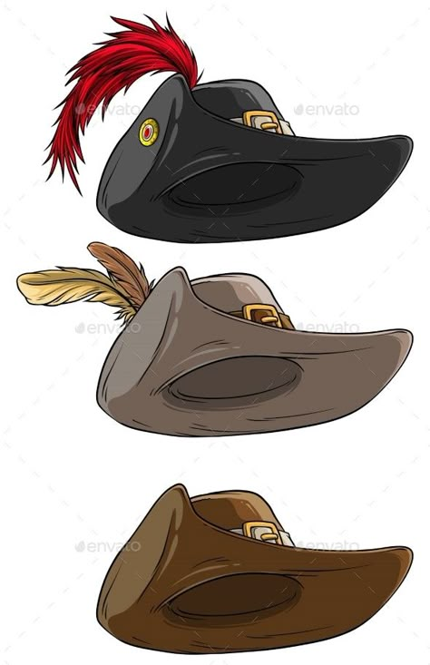 Musketeer Hat Drawing, Feather Hat Drawing, Hat With Feather Drawing, Pirate Hat Drawing, Musketeer Art, Pirates Character, Drawing Pirate, Cavalier Hat, Musketeer Hat