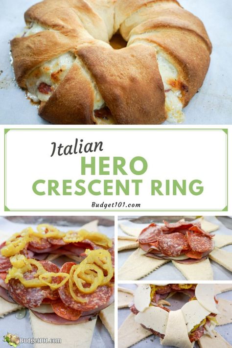 A crescent ring stuffed with all the flavors of a classic Italian sub, but it feeds a family of four! #Budget101 Bacon Cheeseburger Crescent Ring, Crescent Ring Dinner Recipes, Spicy Italian Crescent Ring, Taco Ring With Crescent Rolls, Sandwich Rings, Italian Crescent Ring, Crescent Roll Ring Recipes, Crescent Sandwiches, Taco Crescent Ring