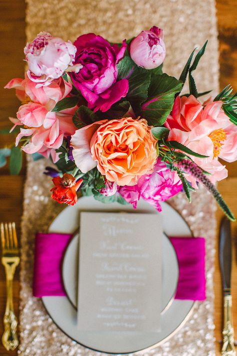 Photography: Bradley James Photography - bradleyjamesphotography.com  Read More: http://www.stylemepretty.com/2014/06/03/trouvaille-workshop-wedding-inspiration/ Gold Wedding Centerpieces, Fuchsia Wedding, Boda Mexicana, Hey Gorgeous, Wedding Table Decorations, Tropical Wedding, Trendy Wedding, Wedding Themes, Pink Wedding