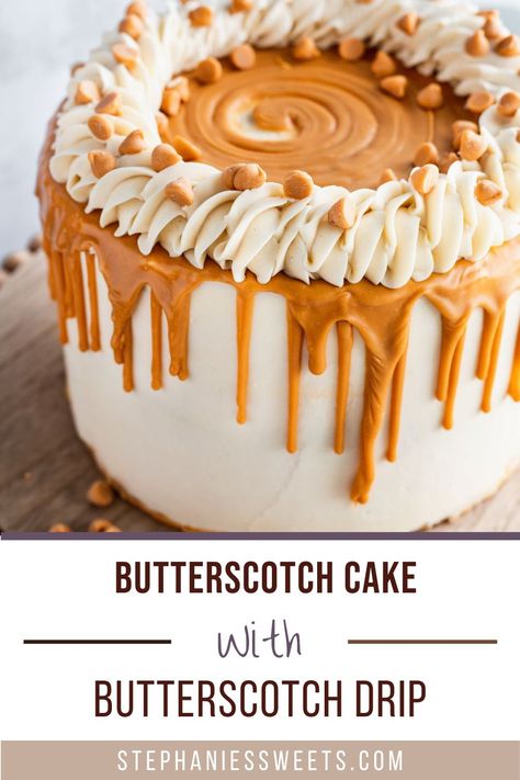 This butterscotch cake is made with homemade butterscotch sauce. It has a pretzel fudgy brownie filling with a butterscotch drip. This fall cake is very moist. Fall Drip Cake, Butter Scotch Cake Designs, Butterscotch Cake Decoration, Butterscotch Recipe, Butterscotch Cake Recipe, Pretzel Brownies, Homemade Butterscotch, Butterscotch Cake, Fall Cake