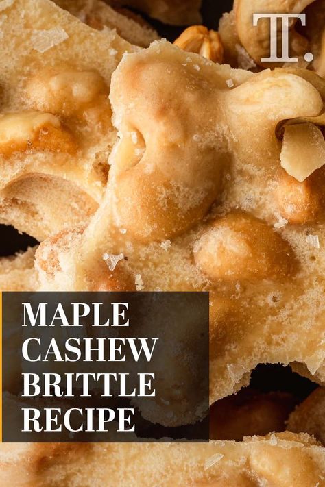 Unlike the usual peanut brittle, we chose to flavor this recipe with maple syrup and to make it with luxe cashews! Cashew Brittle Recipe, Maple Fudge Recipes, Maple Syrup Candy, Cashew Brittle, Christmas Baking Gifts, Cashew Recipes, Peanut Brittle Recipe, Potato Candy, Brittle Recipes