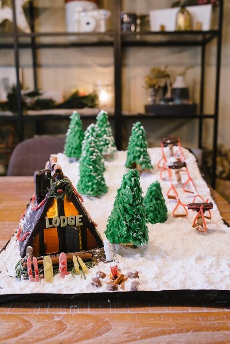 Alpine Ski Gingerbread House, Ski Hill Gingerbread House, Gingerbread Houses Competition, Gingerbread House Ideas Ski Lodge, Ginger Bread Village Ideas, Camping Gingerbread House, Gingerbread Town Ideas, Ski Gingerbread House, Gingerbread Ski Resort