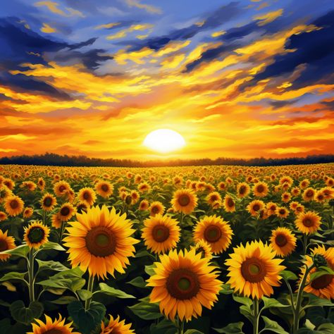 Sunset With Sunflowers, Fields Of Sunflowers, Big Sunflower Painting, Sunflower Field Drawing, Sunrise And Flowers, Sunflower Scenery, Sunflowers Landscape, Sunflower Field Painting, Sunflower Landscape