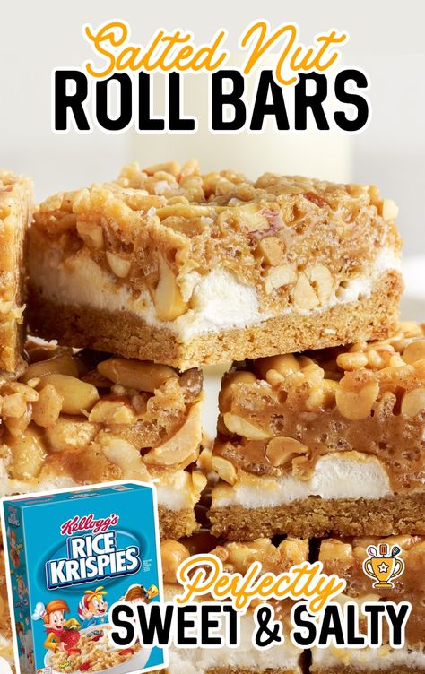 Whip up easy Salted Nut Roll Bars with gooey caramel, marshmallow, and crunchy peanuts. Perfect for parties or a quick sweet treat! Salted Nut Roll Bars, Nut Roll Bars, Salted Nut Roll, Salted Nut Rolls, Popular Casseroles, Nut Roll, Salted Carmel, Nut Rolls, Salted Nuts