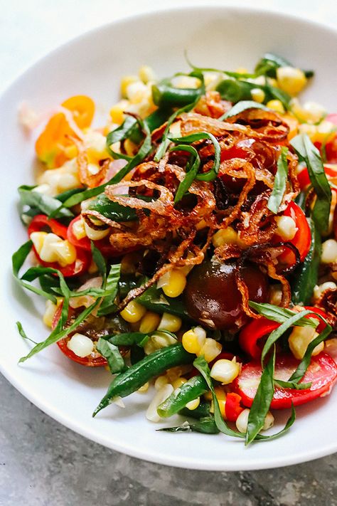 Thai Charred Corn Succotash Salad with Crispy Shallots | Joanne Eats Well With Others Succotash Recipes, Succotash Salad, Succotash Recipe, Corn Succotash, Charred Corn, Green Papaya Salad, Crispy Shallots, Papaya Salad, Green Beans And Tomatoes