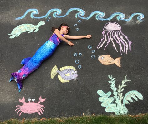 Mermaid Sidewalk Chalk Art, Under The Sea Chalk Art, Mermaid Chalk Art, Chalk Design, Sidewalk Chalk Art, Mermaid Under The Sea, Nativity Ornaments, Sidewalk Chalk, Ocean Theme