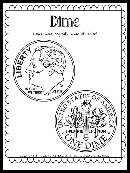 Dime Coin - Money Coloring Page {FREE Printable Download!} Dime Coin Activities, Money Coloring Pages, Coins Printable, February Art, Classroom Christmas Activities, American Money, Learning Money, January Activities, Money Template