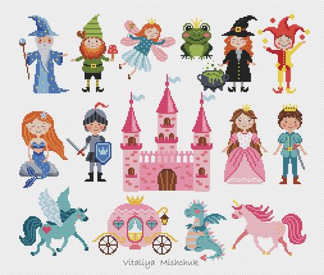 Princess Cross Stitch Pattern Fairy Tale Super Hero Castle For Baby Girl Easy SmallKids Prince Witch Set Mermaid Mini PDF Instant Download Cross Stitch Patterns Free Disney, Princess Cross Stitch, Cross Stitch Fairy, Fairytale Princess, Stitching Ideas, Stitch Gift, Small Cross Stitch, Cross Stitch Baby, Hero Girl