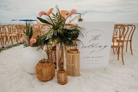 Beach Wedding Ceremony Florals, Boho Wedding Lanterns, Tropical Beach Wedding Decorations, Tropical Welcome Sign Wedding, Beach Wedding Welcome Party, Modern Tropical Wedding Centerpieces, Tropical Wedding Sign, Beach Wedding Welcome Sign, Beach Ceremony Decor