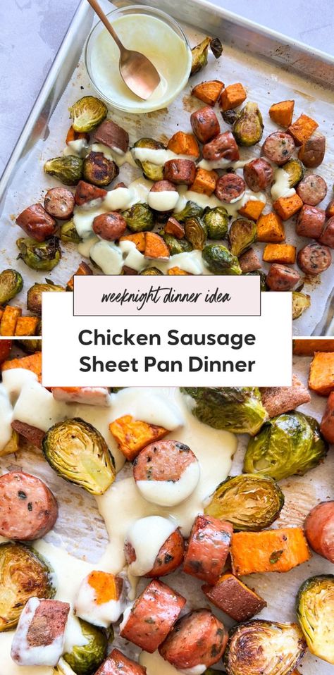 For a healthy and simple sheet pan dinner, try roasted brussels sprouts and sweet potatoes with chicken sausage. This easy idea is perfect for the whole family and is one of the best baked meals you can make. Chicken Sausage Sheet Pan Dinner, Chicken Sausage Sheet Pan, Dinner With Veggies, High Fiber Dinner, Sausage Sheet Pan Dinner, Sausage Sheet Pan, Baked Brussel Sprouts, High Protein Dinner, Sheet Pan Dinners Chicken