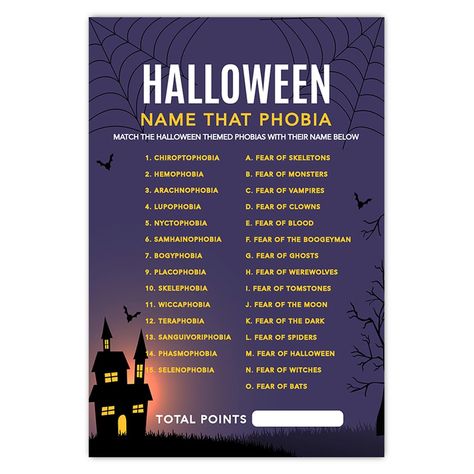 PRICES MAY VARY. PHOBIA FUN UNLEASHED: Our set of 24 Halloween Name That Phobia game cards delivers a thrilling twist to your gatherings, as players match Halloween-themed phobias with their names. Perfect for Halloween parties, classrooms, Halloween themed baby showers, bridal showers, and beyond. ABUNDANT ENTERTAINMENT: With 24 cards in every order, you have plenty of phobia-filled fun to keep your guests engaged and entertained throughout your event. QUALITY AND VIBRANCY: These 4X6-inch game Halloween Birthday Party Games, Fun Halloween Games For Kids, Party Games Halloween, Halloween Classroom Decorations, Games Halloween, Fun Halloween Games, Halloween Names, Scramble Game, Halloween Baby Shower Theme