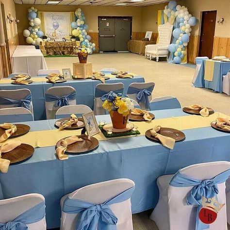 Yellow And Blue Baby Shower Ideas, Winnie The Pooh Baby Shower Table Set Up, Baby Boy Winnie The Pooh Shower Ideas, Blue And Yellow Baby Shower Ideas, Winnie The Pooh Baby Shower Table Decor, Blue And Yellow Curtains, Baby Shower Table Setup, Yellow Baby Shower Theme, Decor With Balloons