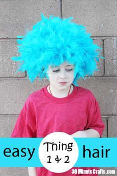 Easy DIY Thing 1 and Thing 2 Hair from Dr Seuss Cat in the Hat Diy Thing One And Thing Two Costumes, Thing 2 Costumes Diy, Thing One And Thing Two Costumes Diy, Thing One Thing Two Costume, Thing One And Thing Two Costumes, Seuss Costumes, Dr Seuss Costumes, Thing 1 And Thing 2, Feather Boas