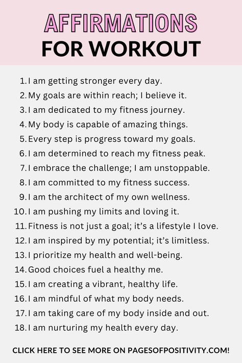 pin that says in a large font Affirmations for Workout Daily Affirmations For Working Out, Positive Future Affirmations, Positive Gym Affirmations, Healthy Affirmations Motivation, Working Out Affirmations, Affirmation For Fitness, Daily Affirmations For Healthy Eating, Workout Affirmations Exercise, Exercise Affirmations Fitness Motivation