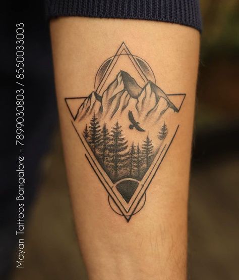 Mountain Tattoo Men, Tree Line Tattoo, Reflection Tattoo, Wilderness Tattoo, Cover Up Tattoos For Men, Geometric Mountain Tattoo, Tattoo Homme, Square Tattoo, Mayan Tattoos