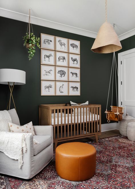 Dark Paint Nursery, Dark Theme Nursery, Transitional Style Nursery, Iron Ore Nursery, Dark Color Nursery, Rustic Modern Nursery, Nursery Ideas Moody, Moody Neutral Nursery, High Contrast Nursery