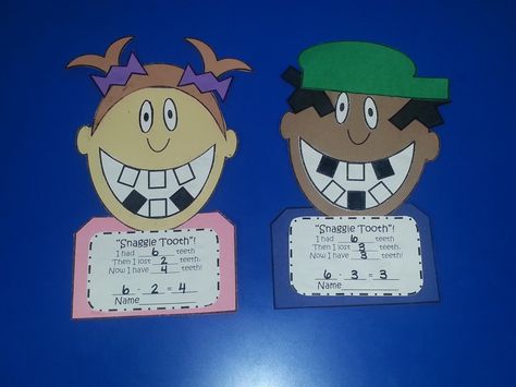 "Snaggle Tooth" Craftivity: practicing subtraction skills Subtraction Craft 1st Grade, Subtraction Craft, Subtraction Craft Kindergarten, Addition And Subtraction Anchor Chart Kindergarten, Tooth Craft Kindergarten, Addition And Subtraction Craft, Subtraction Within 20 Activities, Teeth Kindergarten, Subtraction With Borrowing Activities