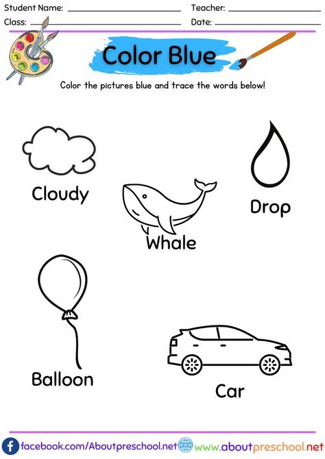 Color Worksheets Blue Blue Worksheet, Color Blue Activities, Worksheet For Nursery Class, Preschool Color Activities, Color Worksheets For Preschool, Nursery Worksheets, Preschool Pictures, Free Preschool Printables, Tracing Worksheets Preschool