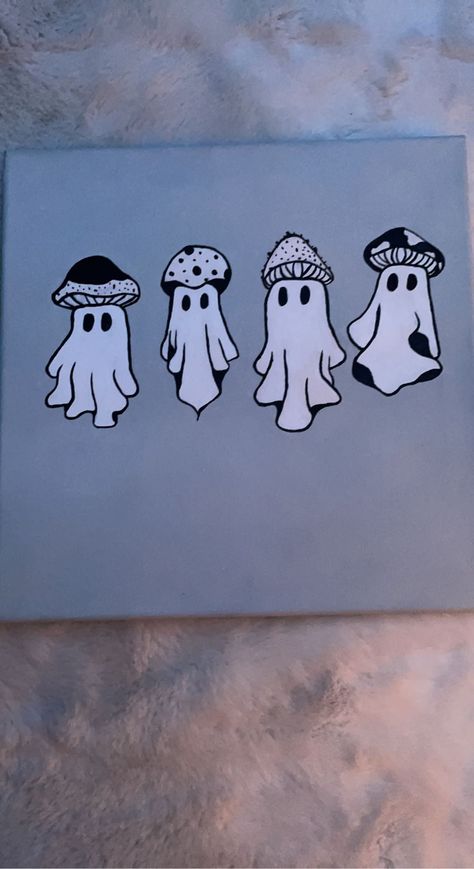 Mini Halloween Paintings Easy, Funny Halloween Paintings On Canvas, Mushroom Ghost Painting, Pumpkin Painting Mushroom, Simple Spooky Painting Ideas, Candy Corn Painting On Canvas, Cute Spooky Paintings Easy, Ghost Painting Cute, Halloween Mushroom Art