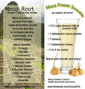 OzunaOrganicSkincare op Twitter: "How Can Maca Benefit You? Maca is a potent ancient Peruvian superfood... http://t.co/pIS0uf2NZL" Maca Recipes, Maca Smoothie, Maca Benefits, Power Smoothie, Maca Powder, Makeup Tip, Increase Stamina, Maca Root, Smoothie Shakes