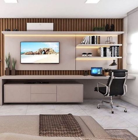 Media Wall With Desk, Media Office, Gaming Bedroom, Modern Home Offices, Loft Office, Study Room Design, Small Home Offices, Living Room Tv Unit, Tv Room Design