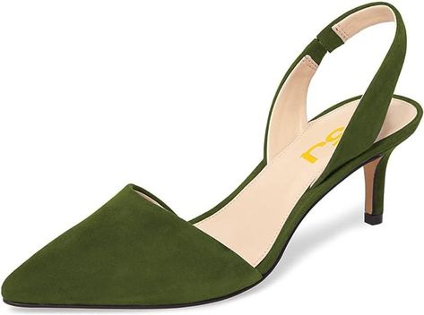 Amazon.com | FSJ Women Fashion Low Kitten Heels Pumps Pointed Toe Slingback Sandals Dress Shoes Size 8 Olive Green | Heeled Sandals Sandals Comfy, Pointy Heels, Wedding Party Dress, Kitten Heel Pumps, Slingback Sandals, Fashion Sandals, Slingback Heel, Heels Pumps, Slingback Sandal