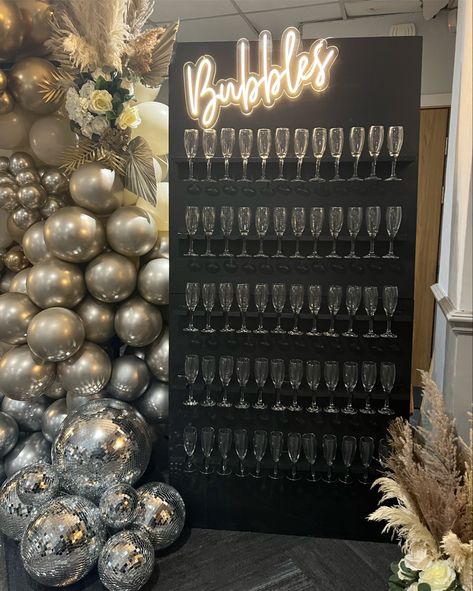 Everyone needs a bubbles wall for there party Bubbles And Bowties Theme, Bourbon And Bubbles Party Decor, Boujee Party, Bubble Party Theme, Poppin Bottles Baby, Golden Bachelor, Bling Theme, Party Rental Ideas, Winter Gala