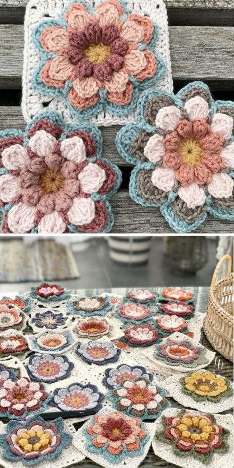 Crochet Flower Granny Square Pattern, Crochet Flower Squares, Crochet Flower Blanket, Coastal Fashion, Granny Square Crochet Patterns Free, Crochet Blocks, Crochet Quilt, Flower Crochet, Crochet Granny Square