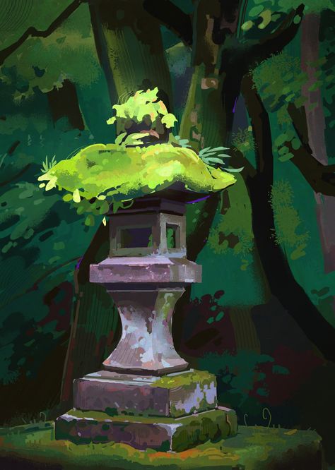 Concept Art Landscape Nature, Reference Photos Environment, Japanese Lantern Plant, How To Draw Moss, Japanese Concept Art, Character Design Wallpaper, Moss Drawing, Moss Illustration, Moss Painting