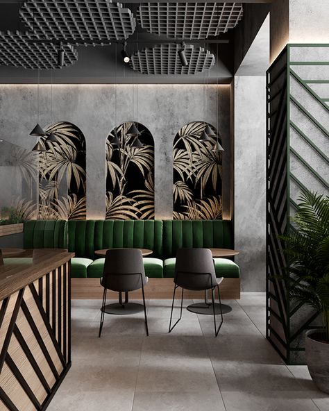 Brutalist Restaurant Interior, Bar And Restaurant Design Interiors, Brutalist Bar Design, Tropical Style Restaurant, Concrete Restaurant Design, Tropical Theme Interior Design, Ceiling Cafe Design, Tropical Restaurant Design Interiors, Tropical Theme Restaurant