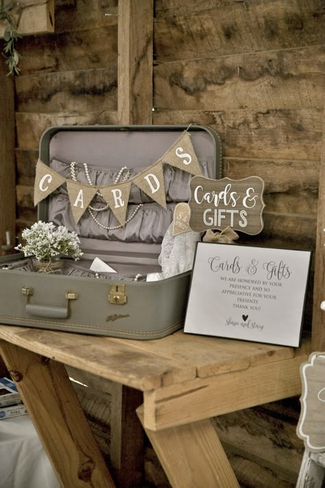 Wedding Card Suitcase Ideas, Cards And Gifts Table Wedding Rustic, Bridal Shower Card Box Ideas Gift Table, Rustic Wedding Post Box Ideas, Vintage Suitcase Card Box Wedding, Luggage Card Box Wedding, Wedding Card Box Ideas Rustic Gift Table, Wedding Gift Table Ideas Rustic, Vintage Suitcase Wedding Decor